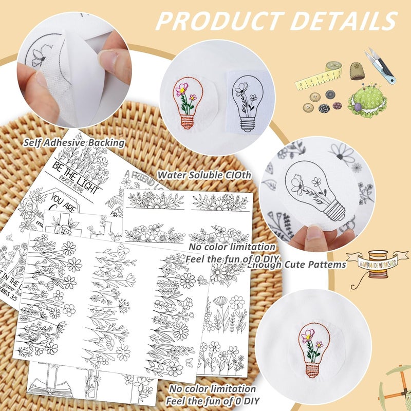 CRASHOT Water Soluble Stabilizer for Embroidery - Bible Flower Stick & Stitch Embroidery Paper Wash Away, Wildflower Cross Embroider Patterns for Jean Bag Tshirt, Hand Sewing DIY Crafts(4 Sheet) - Image 4